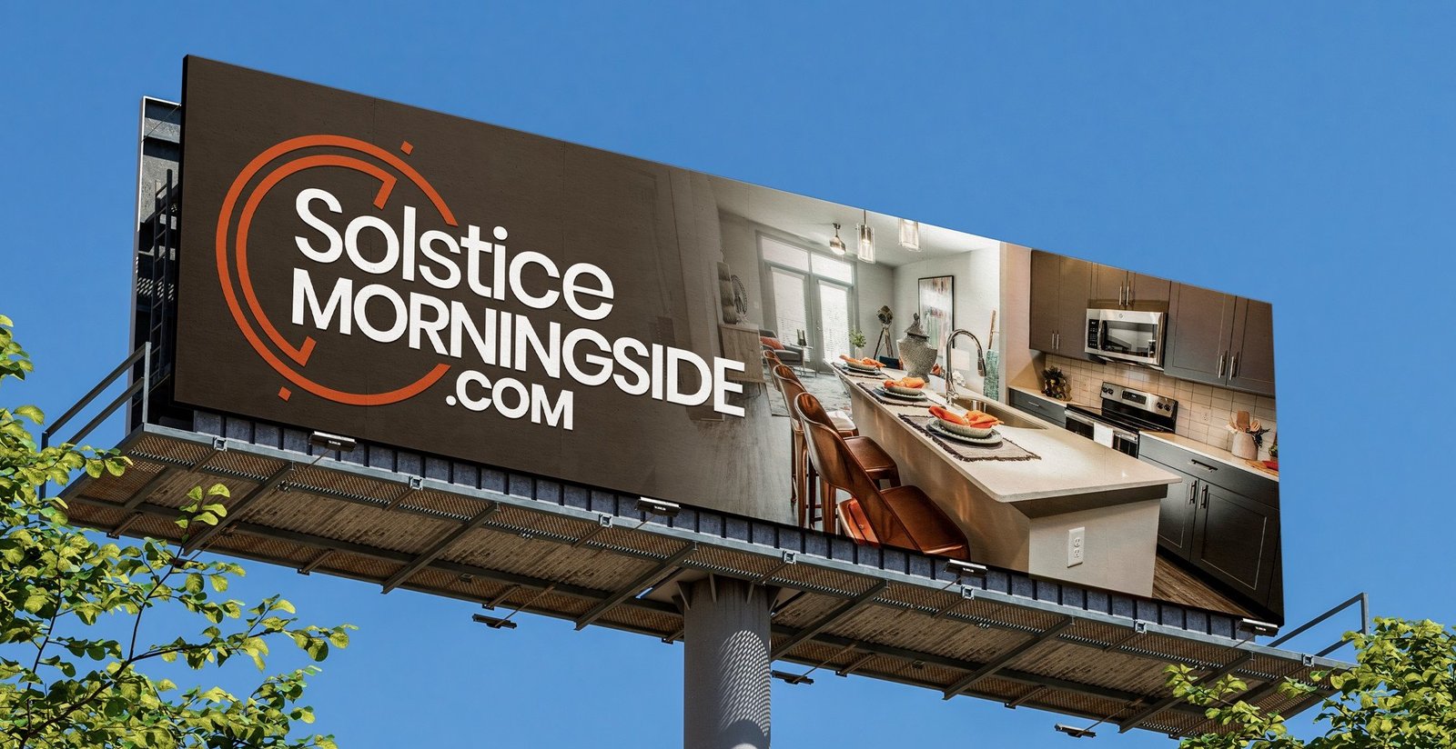 Presentation mockup of the Solstice Morningside billboard: the logo and .com address on dark brown, with a kitchen photo on the right
