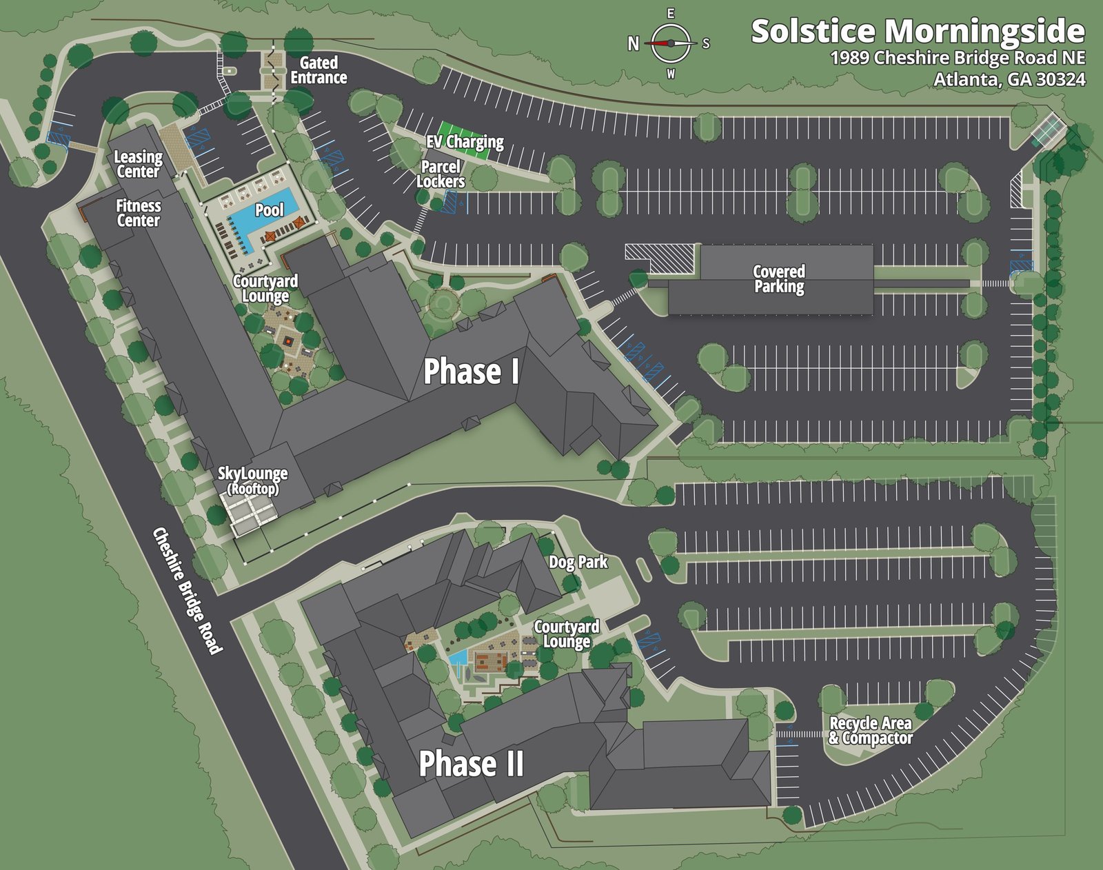 Illustrated Solstice Morningside site map with Phase I and Phase II, buildings, parking, and amenities