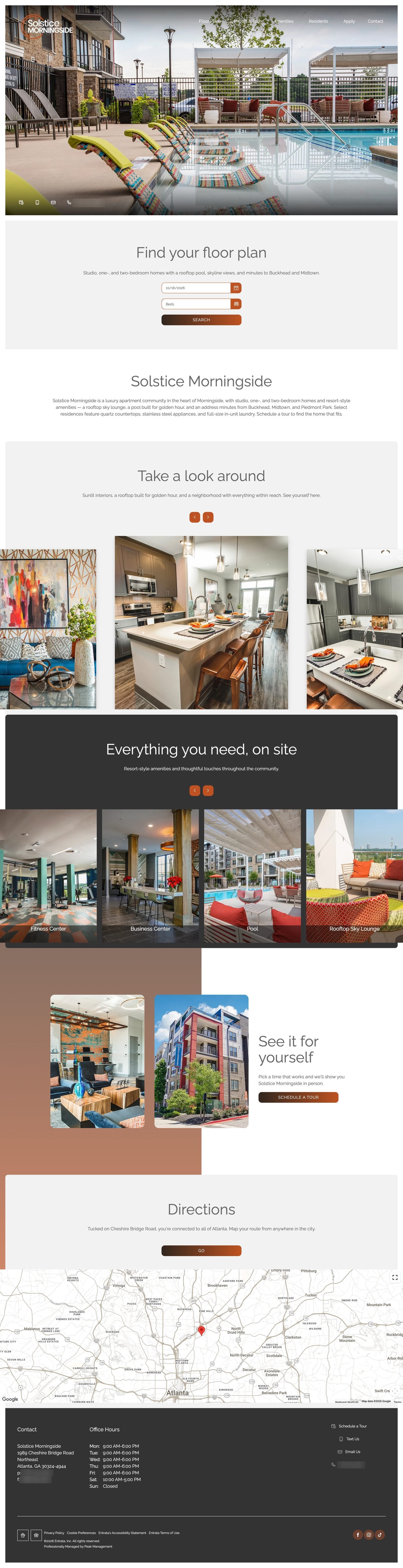 Solstice Morningside website home page: pool hero photo, floor plan search, photo gallery, amenities, tour section, map and footer